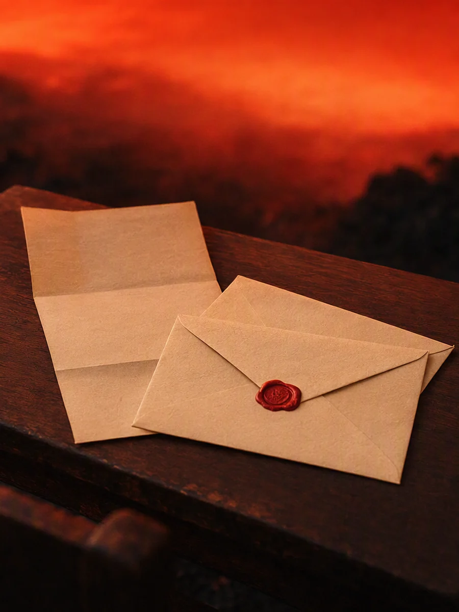A folded letter and two cream envelopes, one sealed with red wax, on the wooden desk