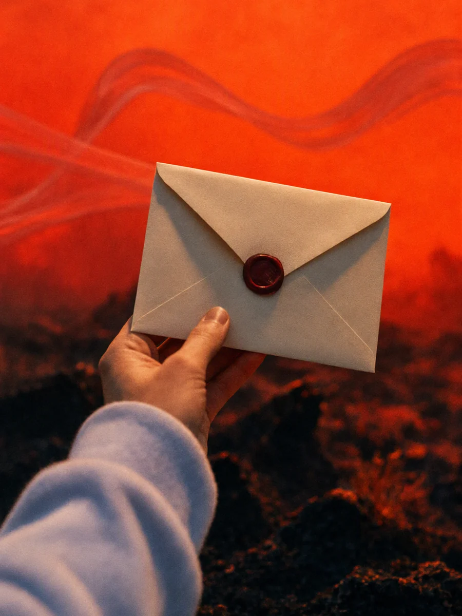 A hand holding up a cream envelope sealed with red wax against the red sky